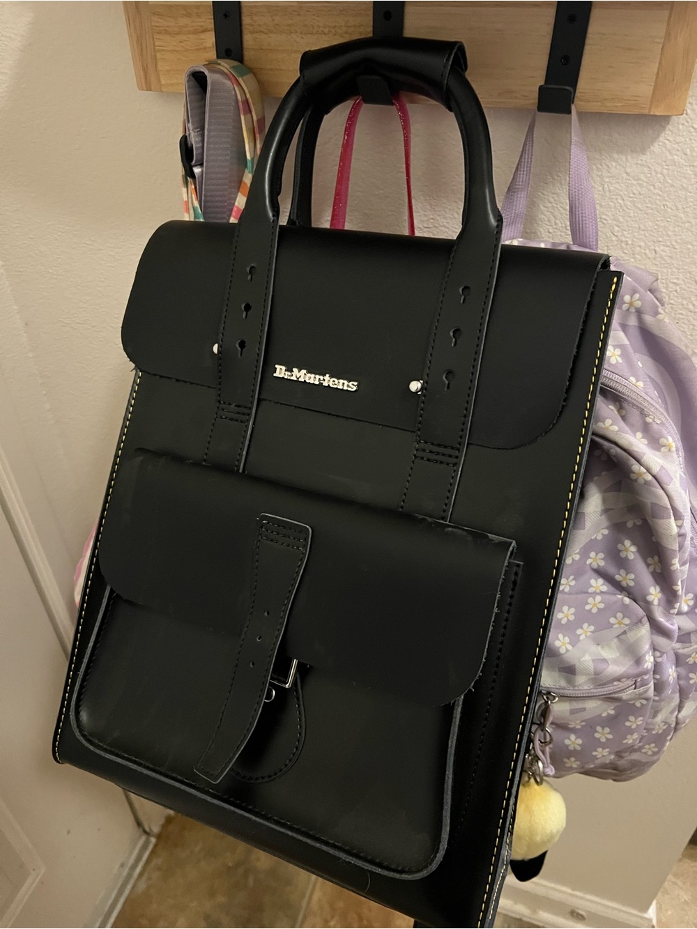 Dr. Martens Black Leather Buckle-Front Backpack with Yellow Stitching - Picture 2 of 2